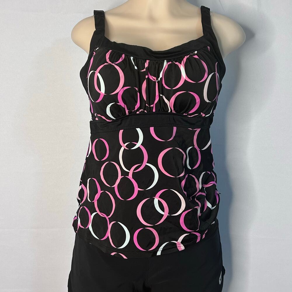 Caribbean Joe Island Sweets Club Tankini Top Black Pink Ring Print size 14